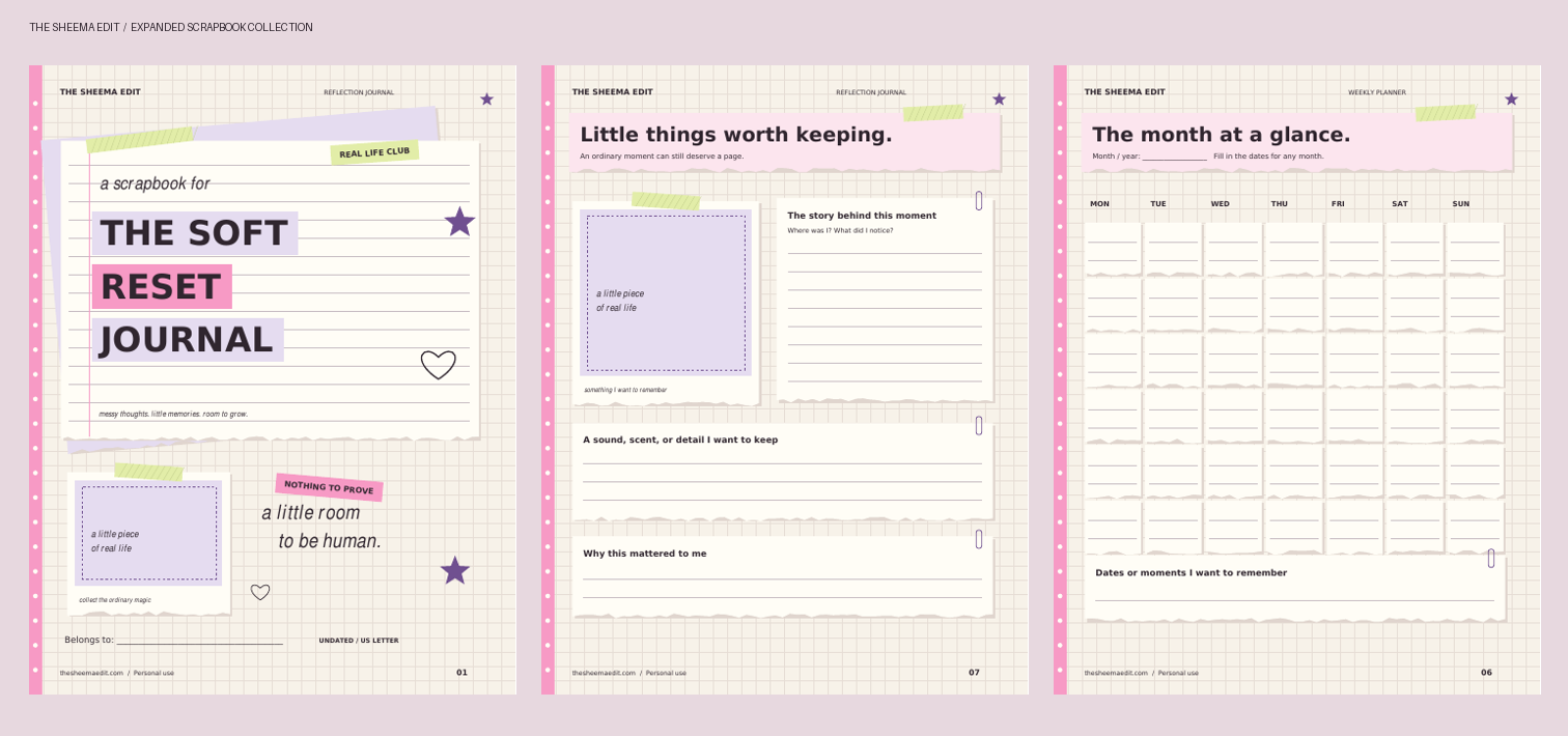Scrapbook journal, memory page, and undated planner in pink and lilac.
